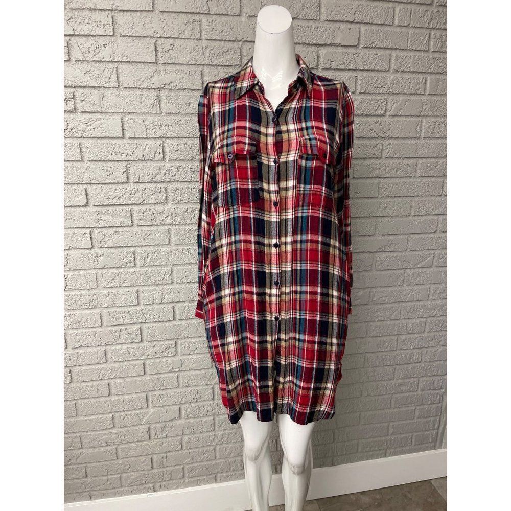 Indigo Thread Co. Women Red Plaid Button Down Long Shirt  Tunic Size M